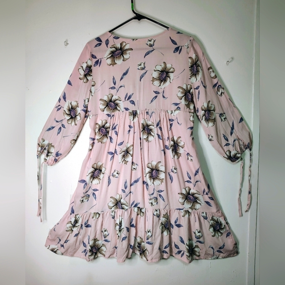 Entro floral Tunic Sundress Ruffles V-neck Rayon Pink oversized S. - Picture 3 of 16